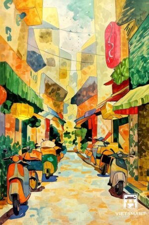 Một Đường Phố Đông Đúc Ở Hà Nội 2- Lụa 45 x 60cm-ĐP_MDPDDOHN2_CB