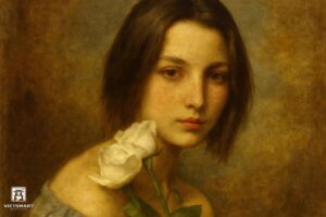 Tranh Nghệ thuật "Cô Gái Bên Hoa Hồng Trắng" VIETSMART ART - Sơn dầu 60 x 90cm