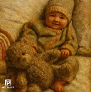 Tranh Nghệ thuật "Em Bé Và Gấu Bông" VIETSMART ART - Sơn dầu 60 x 70cm