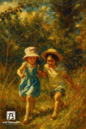 Tranh Nghệ thuật "Hai Đứa Trẻ Chạy Giữa Rừng" VIETSMART ART - Sơn dầu 60 x 90cm