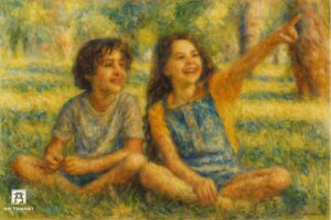 Tranh Nghệ thuật "Hai Đứa Trẻ Đang Ngồi Trên Bãi Cỏ" VIETSMART ART - Acrylic 45 x 60cm