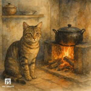 Tranh Nghệ thuật "Chú Mèo Mướp Bên Bếp Lửa" VIETSMART ART - Lụa 60 x 70cm