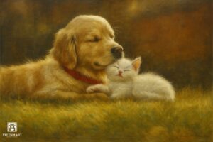 Tranh Nghệ thuật "Chó Và Mèo Trên Bãi Cỏ" VIETSMART ART - Acrylic 45 x 60cm