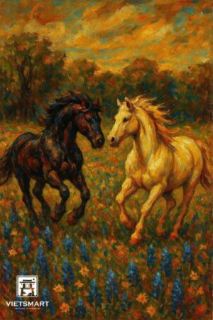 Tranh Nghệ thuật "Hai Chú Ngựa Trên Cánh Đồng Hoa" VIETSMART ART - Acrylic 45 x 60cm
