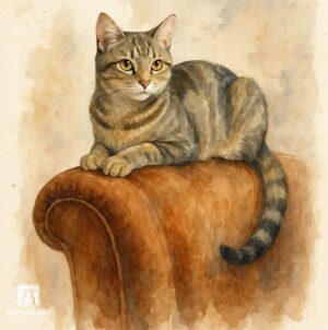 Tranh Nghệ thuật "Mèo Ngồi Trên Ghế Sô Pha" VIETSMART ART - Lụa 60 x 70cm
