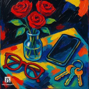 Tranh Nghệ thuật "Hoa Hồng, Chìa Khóa, Điện Thoại Và Kính" VIETSMART ART - Sơn dầu 40 x 40cm
