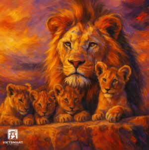 Tranh Nghệ thuật "Sư Tử Và Đàn Con" VIETSMART ART - Sơn dầu 70 x 80cm